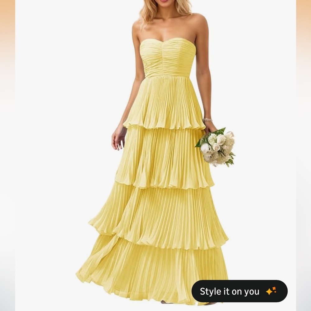Strapless Tiered Pleated Maxi Dress in Yellow